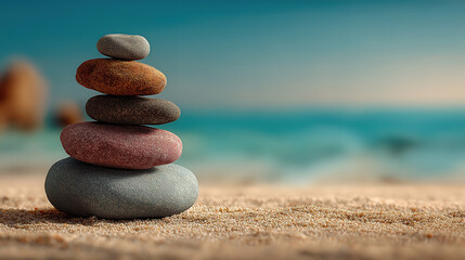 Tranquil seascape with balanced stones conveying stability mindfulness and harmonious living