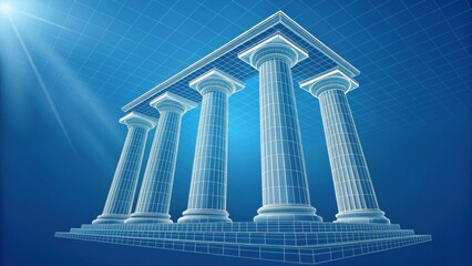 Law and justice pillars blueprint design on blue grid