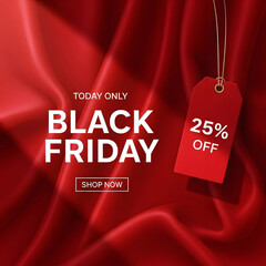 Elegant Black Friday Sale promotion featuring white text against luxurious deep red draped satin fabric background and discount tag