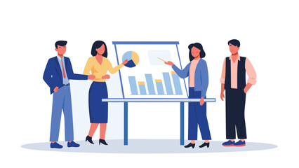 Diverse business professionals collaborating and presenting data charts on a whiteboard during a team meeting or strategy session