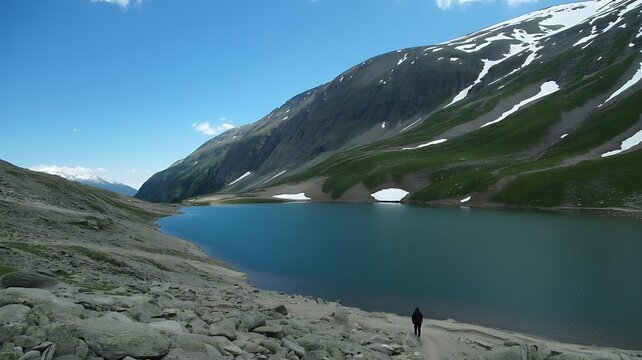A lone hiker walks along the rocky shore of a serene mountain lake - Powered by Adobe
