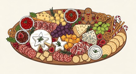 Festive Christmas Holiday Charcuterie Board with Cannabis Leaf Garnish Illustration.