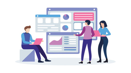 Diverse team collaborating on digital dashboards and data analysis with laptops and charts in a modern office setting