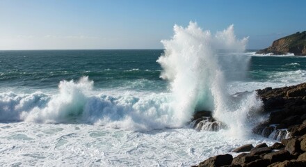 Fototapeta premium Crashing wave bursts against dark rocks on a sunny coast