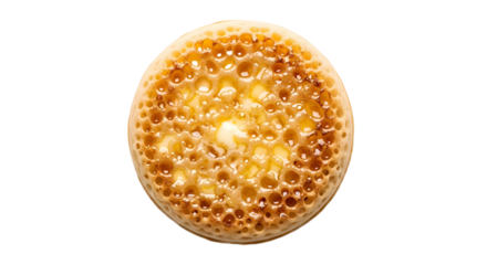 A single crumpet with holes on transparent background
