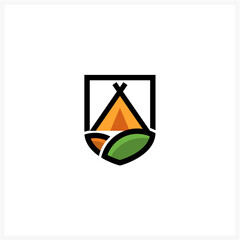 Conceptual emblem for outdoor adventure, blending nature's beauty with the spirit of exploration, featuring a minimalist tent within a modern shield