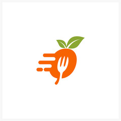 Vibrant and dynamic logo concept for a fresh food delivery service, featuring a stylized orange fruit with a fork in negative space and motion lines