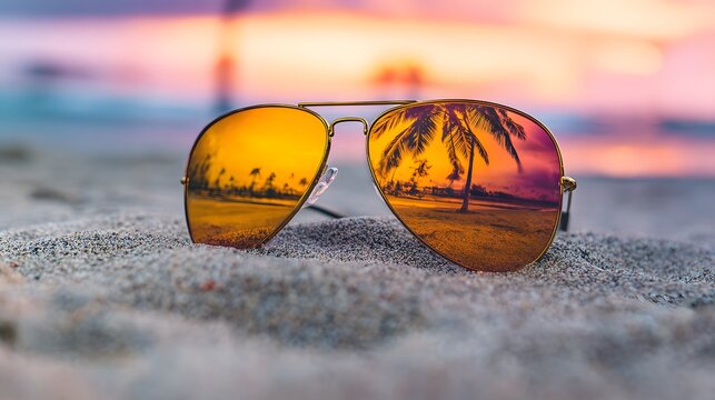 Sunset beach escape mirrored sunglasses reflect golden light tropical paradise vacation lifestyle photography