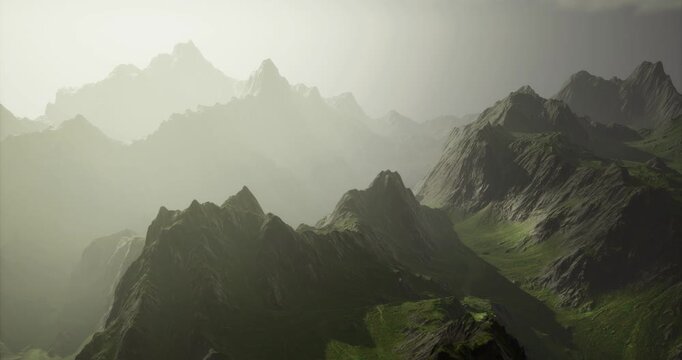 Majestic mountains rise dramatically, covered in vibrant green vegetation. A thick mist envelops the peaks, creating a serene yet mysterious atmosphere in the early morning light.