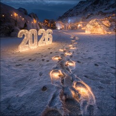 New Year Celebration, 2026, Frozen Landscape, Night Scene, Snowy Environment, Low Angle, Illuminated Pathway