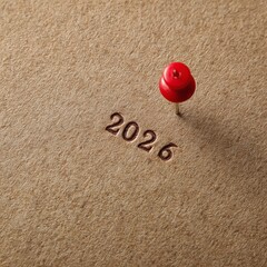 Creative 2026 Planning Ideas with Red Pushpin on Brown Paper Background