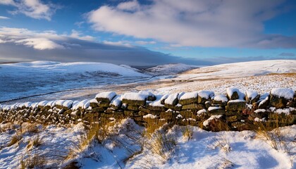 Upland Dry Stone Wall And Moors Covered In Snow