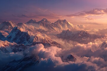 Naklejka premium Breathtaking view of the majestic Himalayas during sunset showcasing rugged peaks and swirling clouds near the Himalayan mountains