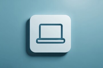 Minimalist square button icon with rounded edges featuring a laptop silhouette in light color on a soft blue background for modern tech and design enthusiasts