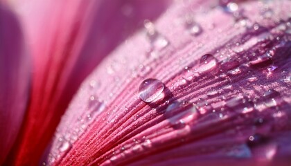 Close Up Macro Detail Of Pink Flower Petal Veins Covered In Dew Drops Sparkling In Soft Light