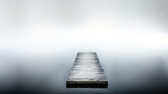 A wooden pier juts out into a vast expanse of still, misty water, creating a serene and minimalist landscape. - Powered by Adobe
