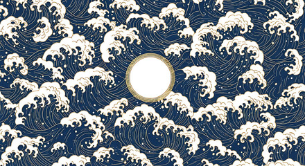 Traditional Japanese Wave Pattern with Golden Circle Edo Art Style Oriental Ocean Design Background  
