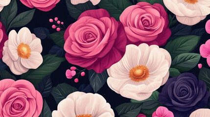 illustration art pink and white roses, peonies, and other flowers backgrounds.