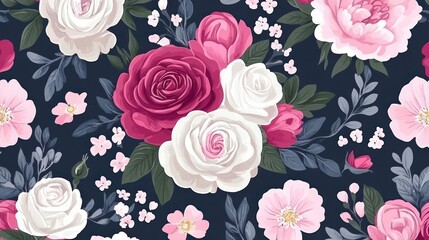 illustration art pink and white roses, peonies, and other flowers backgrounds.
