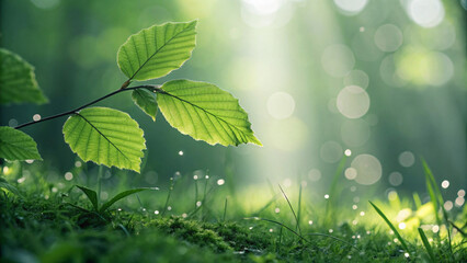 Fresh green leaves on a sunny branch with bright sunlight and new growth