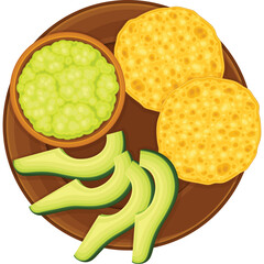 Round Wooden Plate with Sliced Avocado Tortillas and Guacamole Dip overhead view with transparent background