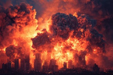 Fototapeta premium Destruction seen in a city engulfed by fires and explosive eruptions creating a dramatic landscape of chaos and devastation