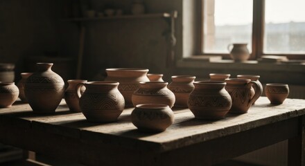 Handmade clay pottery collection on wooden table, softly lit by window