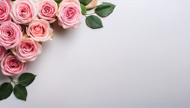 Pink Roses Arranged In A Corner With Copy Space Image Against A White Backdrop
