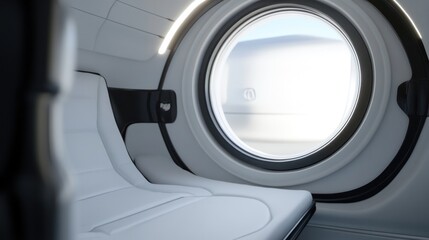 Round window on the white cabin of a spacecraft future technology innovation structure.