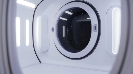 Round window on the white cabin of a spacecraft future technology innovation structure.