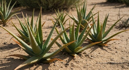 Group of succulent aloe vera plants growing in sandy soil under bright sunlight