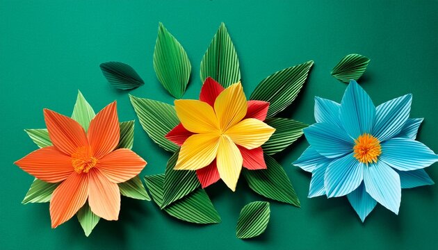 Colorful Origami Flowers With Leaves On Green Background Paper Cut Style