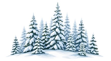 Fototapeta premium Group of snow-covered fir trees winter landscape illustration isolated on white background