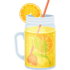 Refreshing orange lemonade in a glass jar with a slice of orange and mint leaves and a red straw and a transparent background