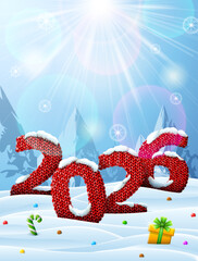 New Year 2026 in shape of knitted fabric in snow. Winter landscape with crocheted year number, top lighting. Vector image for new years day, christmas, winter holiday, knitting, new years eve