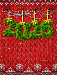 New Year 2026 of twigs as christmas ornament. Christmas knitted background with copy space and decoration. Vector illustration for new years day, christmas, winter holiday, new years eve, silvester