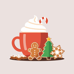 Red Mug Hot Drink And Christmas Gingerbread Cookies