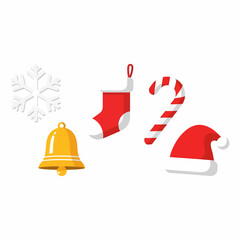 Flat Christmas Icons Set Bell Stocking Candy Cane Hat