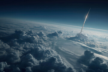 Dramatic View of a Rocket Launching High Above the Earth's Deep Atmosphere and Swirling Cumulus Cloudscape