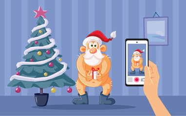 Person Catches Santa in a Shameful Posture Vector Illustration. Santa is uncovered while bringing the gift boxes 
 