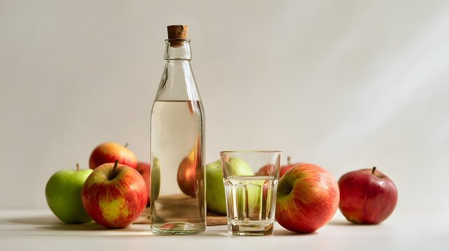 Healthy organic apple cider vinegar wellness still life with fresh apples on a neutral background