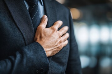 Businessman placing one hand over his chest, showing reassurance and confidence in communication.