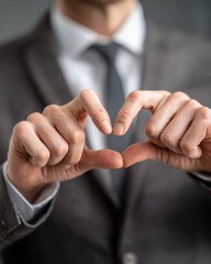 Obraz premium Businessman making small heart gesture with fingers, expressing warmth and friendly communication.