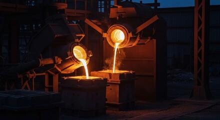 Molten metal pouring into molds in dark industrial setting