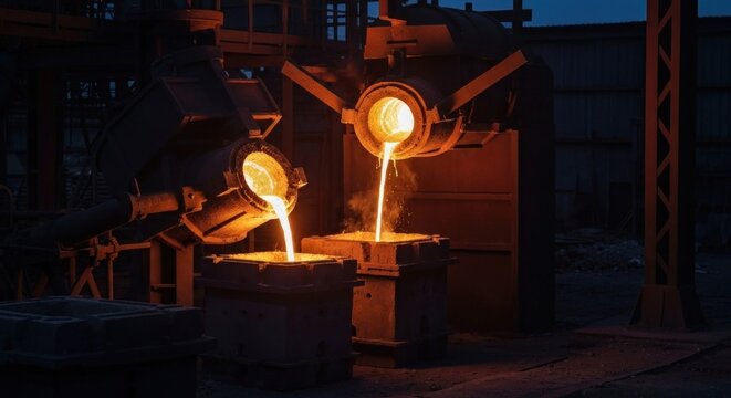 Molten metal pouring into molds in dark industrial setting