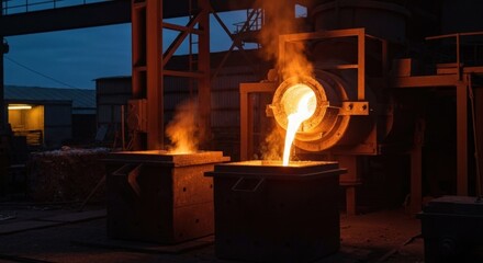 Molten metal pours into molds at industrial facility during twilight
