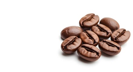 Naklejka premium Pile of roasted coffee beans close-up macro shot isolated on white background