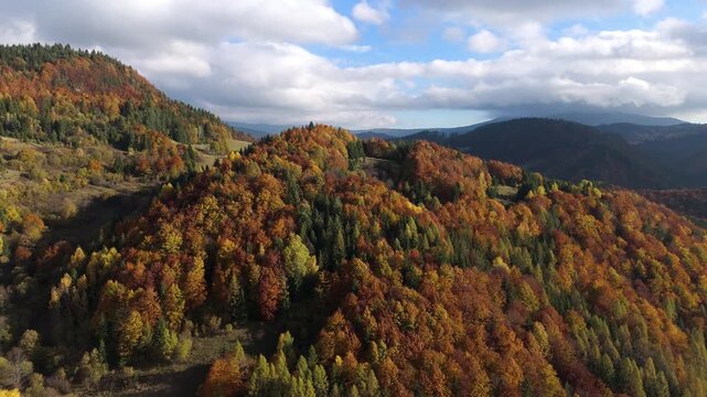 Aerial top view above colorful autumn forest and mountain valey