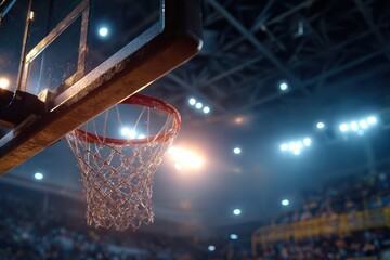 Brightly lit basketball backboard highlights the excitement of a sporting event in a large arena during a competitive game night