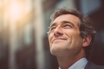 Naklejka premium Confident businessmen looking upward with optimism and ambition, captured under bright natural light in a modern city environment.